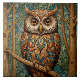Carreau Élégant hibou rétro boho bohème bohème forêt verte