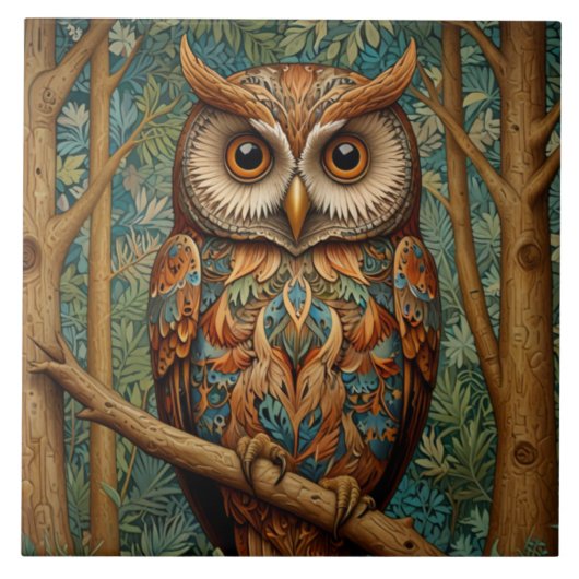 Carreau Élégant hibou rétro boho bohème bohème forêt verte (Devant)