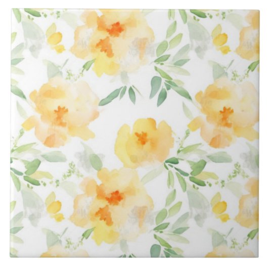 Carreau Elégant jaune pêche orange aquarelle fleurie (Devant)