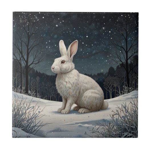 Carreau Elégant lapin blanc Noël forêt enneigée (Devant)