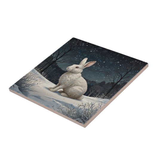 Carreau Elégant lapin blanc Noël forêt enneigée (Côté)