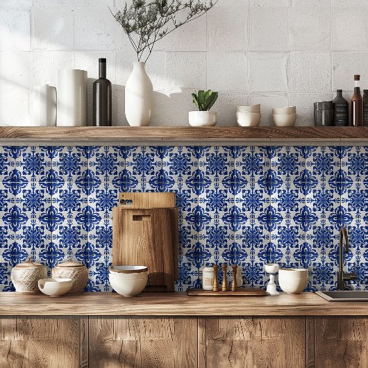 Carreau Elegant Mediterranean Navy Blue White Pattern