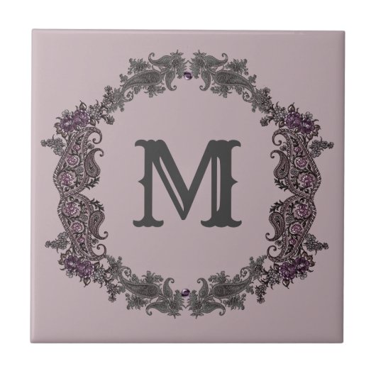 Carreau Élégant Monogramme encadré de violet et d'argent (Devant)