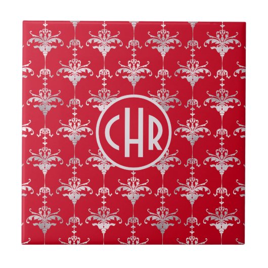 Carreau Élégant Monogramme rouge et blanc damassé (Devant)