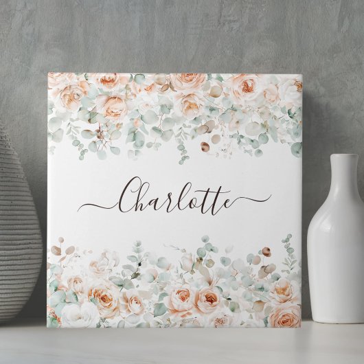 Carreau Élégant Monogramme Rustique Rose Floral Verdure