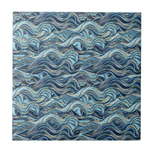 Carreau Élégant Motif à vague bleue avec accents or