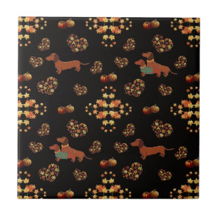 Carreau Élégant Motif Dachshund Automne : Fleurs Automnes