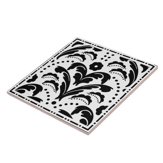 Carreau Elégant noir et blanc Floral Art Déco Damask (Côté)