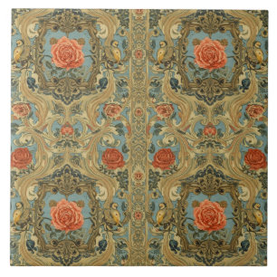 Carreau Élégant Nouille Fleuris Oiseaux Art Nouveau