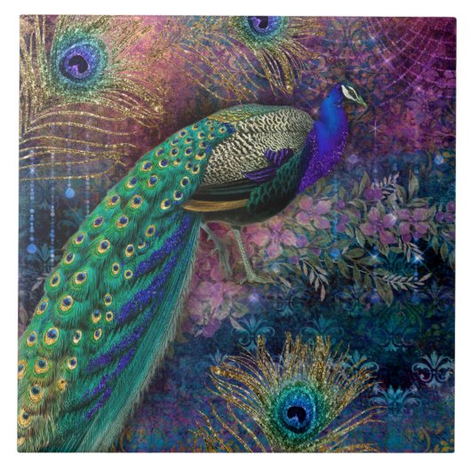 Carreau Elégant Peacock n Plumes Parties scintillant or Vi (Devant)