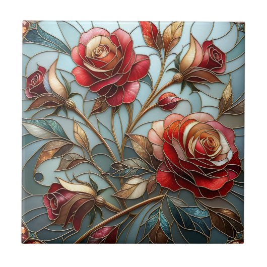 Carreau Elegant Red Rose Stained Glass Floral Gold Accent  (Devant)