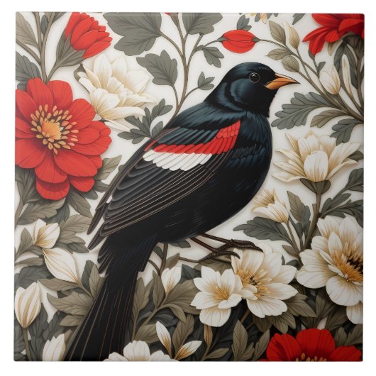 Carreau Elegant Red-winged Blackbird Red and Cream Floral (Devant)