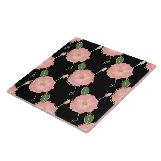 Carreau Elégant rose & or Aquarelle Rose Design noir (Côté)
