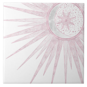 Carreau Elégant rose Sun Moon Doodle Mandala White Design