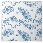 Carreau Élégant Roses et rubans bleus gravés Vintages<br><div class="desc">Elégant et romantique bleu gravé roses vintages,  fleurs,  vignes,  feuilles et papillons avec des rubans et arcs entrelacés sur un arrière - plan blanc.</div>