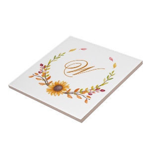 Carreau Élégant Rustique Automne Bouquet Floral Monogramme