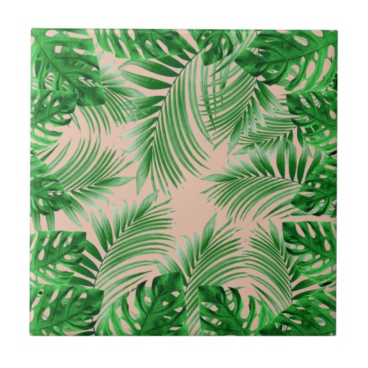 Carreau Elegant Tropical green palm leaves pattern pink ba (Devant)