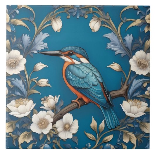 Carreau Élégant turquoise Kingfisher Bird Floral (Devant)