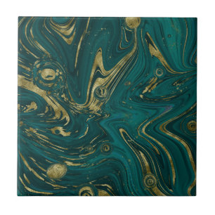 Carreau Élégant Turquoise Vert & Or Marbre Swirl  