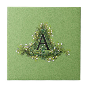 Carreau Élégant vert Vintage Floral initial Un monogramme