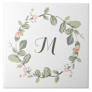 Carreau Élégant Vieux Roses de Pêche Monogrammé de Verdure