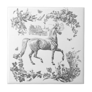Carreau Élégant Vintage Cheval Floral Noir Blanc