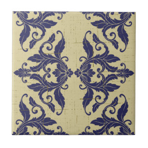 Carreau Elégant vintage damassé marine bleu jaune monogram