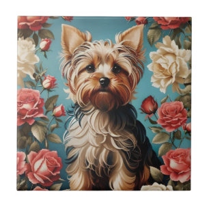Carreau Elégant Yorkshire Terrier Portrait Rose Garden