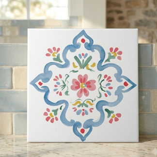 Carreau Élégante décoration florale folklorique à motif bl