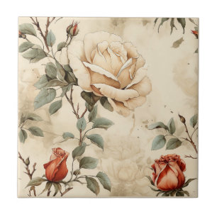 Carreau Élégante Fleur de Rose Vintage Beige Floral