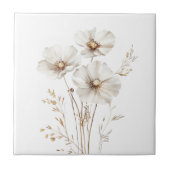 Carreau Elégante fleurs de cosmos blanc faux or herbe (Devant)