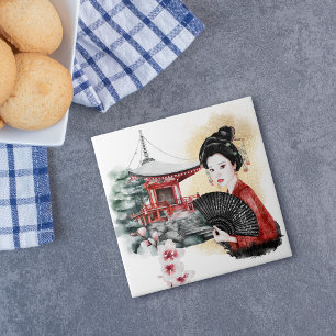 Carreau Elégante Pagode Japonaise Geisha Girl