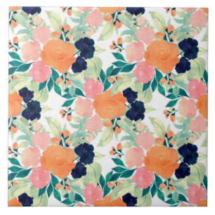 Carreau Elégante peinture bleu rose et orange florale à 