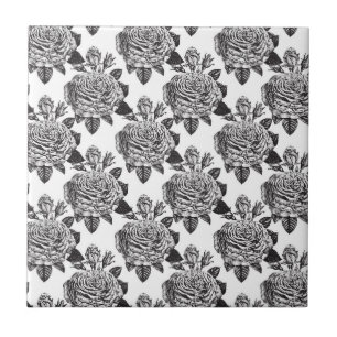 Carreau Élégantes Roses Noir Blanc Fleur Amant Floral
