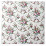 Carreau Élégants Roses Vintages et Swags<br><div class="desc">Motif floral classique avec sprays et guirlandes de roses roses et or et fleurs mixtes,  feuilles verts,  rubans bleus et pions d'or orné sur un arrière - plan blanc.</div>