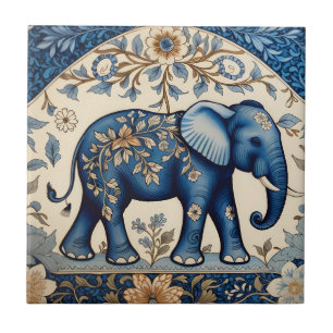 Carreau Élément Floral Vintage Éléphant Orné Bleu