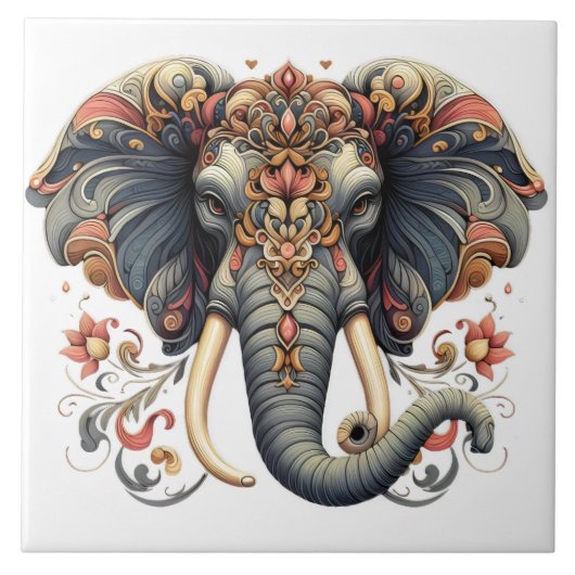 Carreau Eléphant aux motifs floraux complexes (Devant)