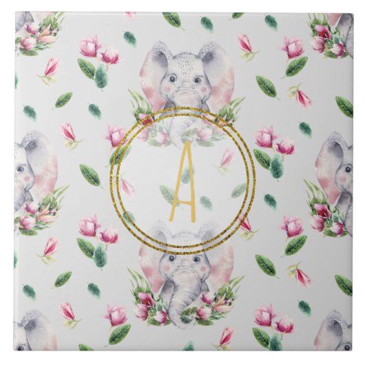 Carreau ÉLÉPHANT Floral Monogramme Girl rose chambre à cou (Devant)