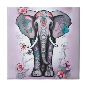 Carreau Éléphant indien gris orné de fleurs