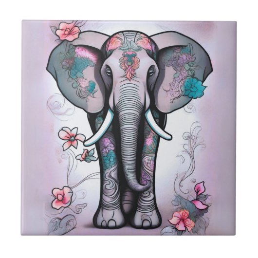 Carreau Éléphant indien gris orné de fleurs (Devant)