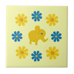 Carreau Eléphant jaune printemps, jaune, fleurs bleues