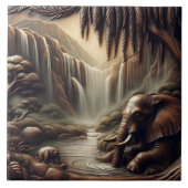 Carreau Eléphant majestueux par Cascade sereine à Dusk (Devant)