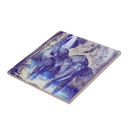 Carreau Eléphants dans l'eau (Côté)