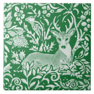 Carreau Emerald Green Woodland Animal Deer Hedgehog Floral