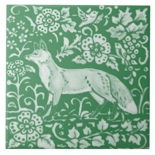 Carreau Emerald Green Woodland Cute Fox Intricable Floral