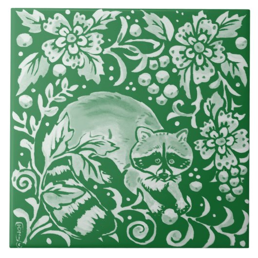 Carreau Emerald Green Woodland Raccoon floral complexe (Devant)
