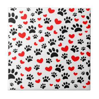Carreau Empreintes de pattes De Chien Noir Et Coeurs Rouge