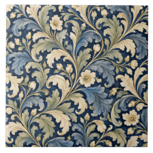 Carreau en céramique botanique d'acanthe bleu mari