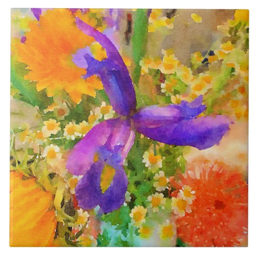 Carreau en céramique Bouquet d'Iris à l'aquarelle (Devant)