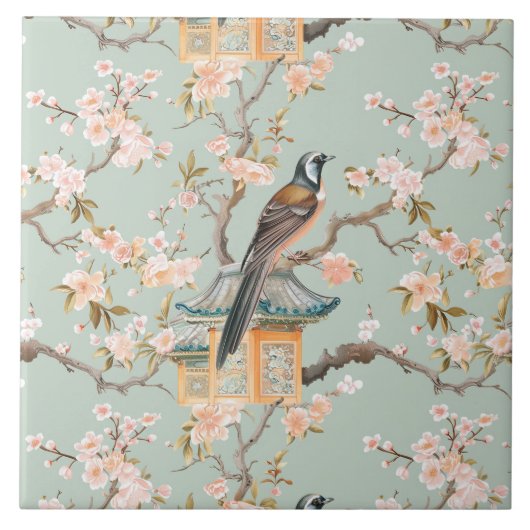 Carreau en céramique Chinoiserie Oiseau & Fleur Bl (Devant)